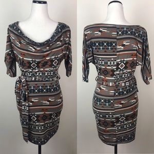 Stylish Southwestern Print Cowl Neck Dress with Waist Tie